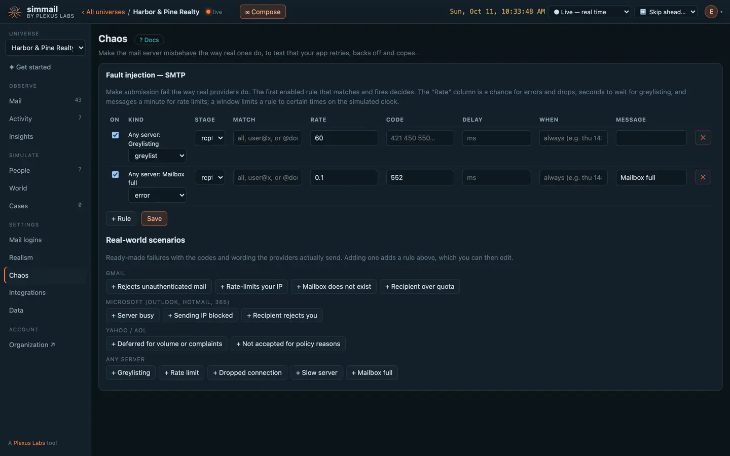 Chaos: fault rules for greylisting and a full mailbox