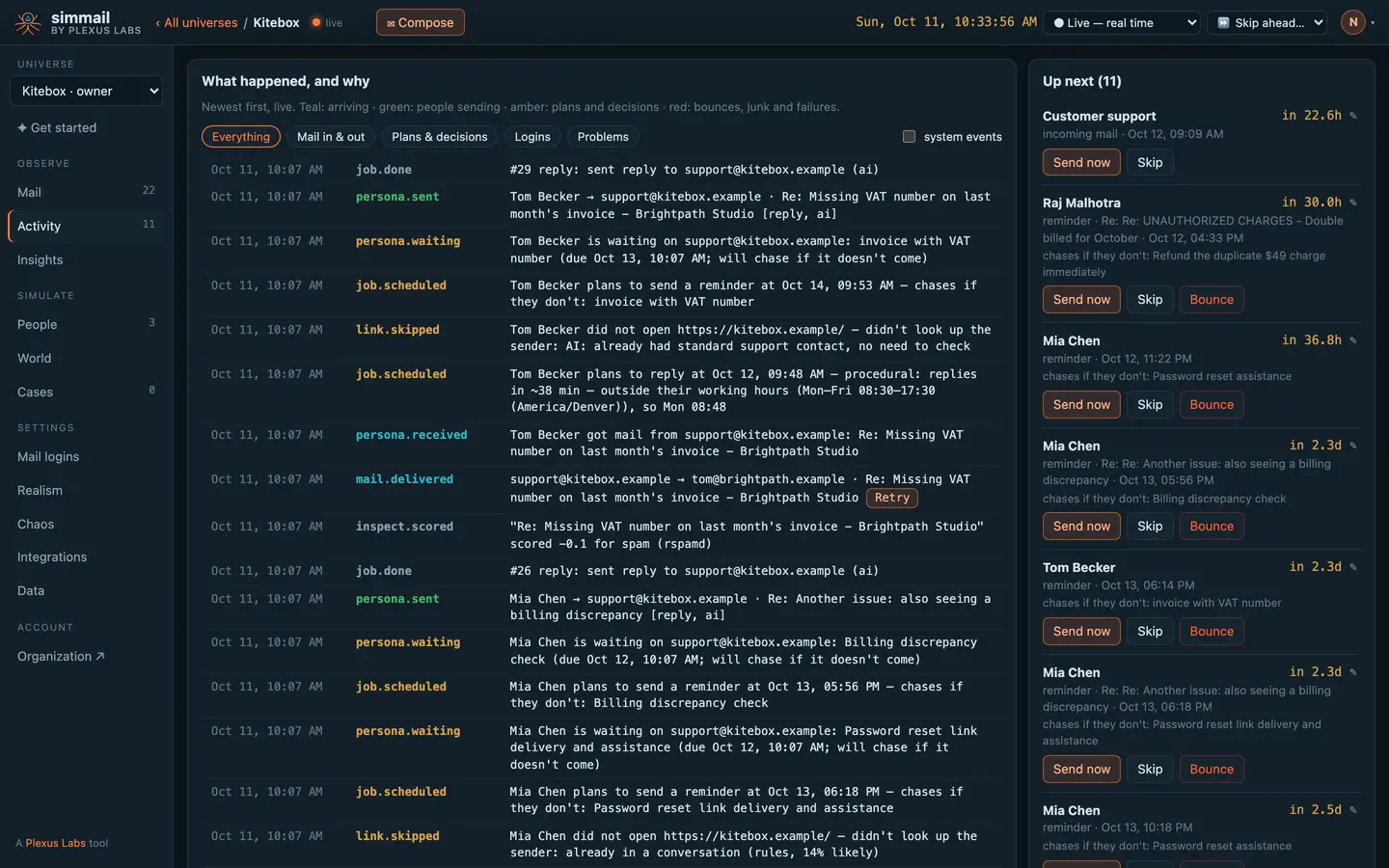 The Activity timeline with events and an Up next queue of planned replies and reminders