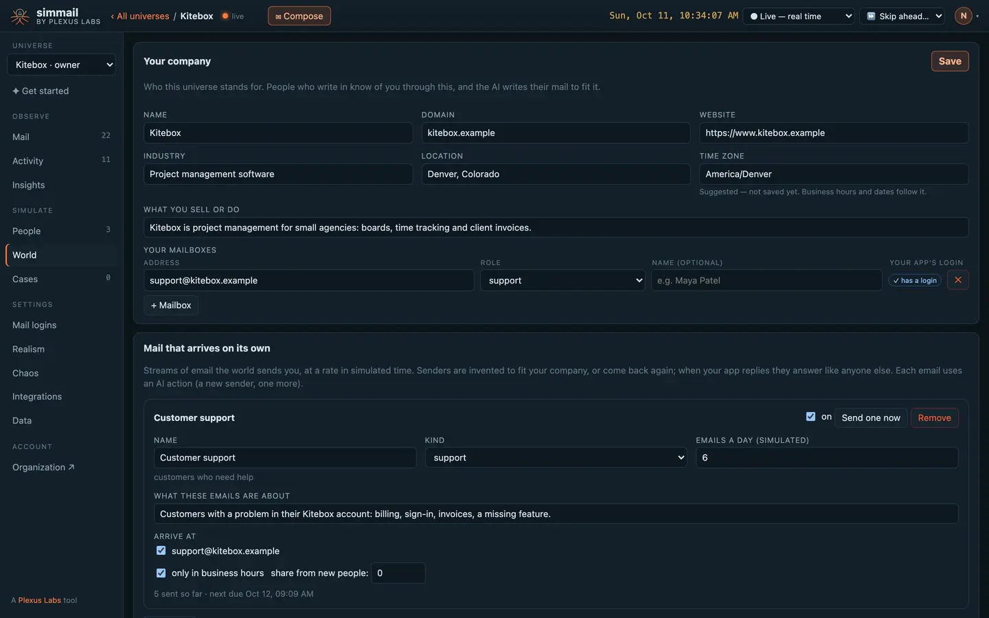 The World page: Kitebox's company profile and its customer support stream