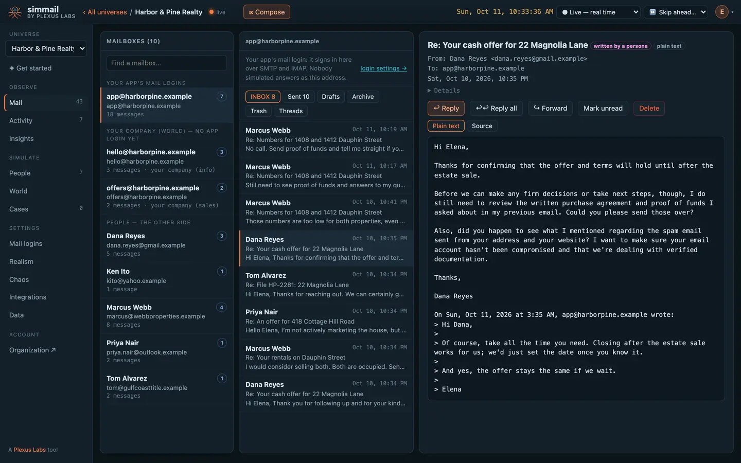 The simmail dashboard: Harbor & Pine Realty's mailboxes, its inbox, and a reply from Dana Reyes