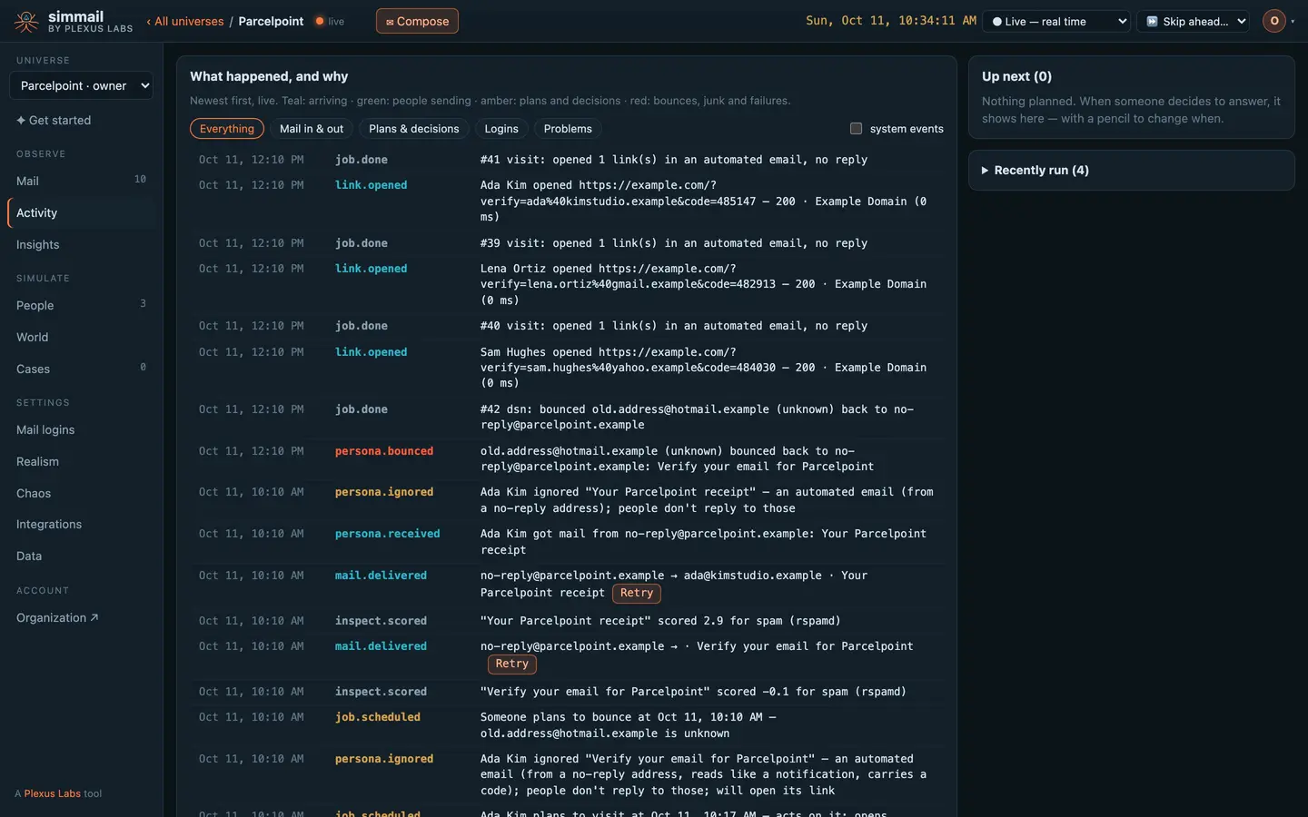 The Activity timeline of a sign-up test run: verification emails delivered and scored, links opened, one address bounced