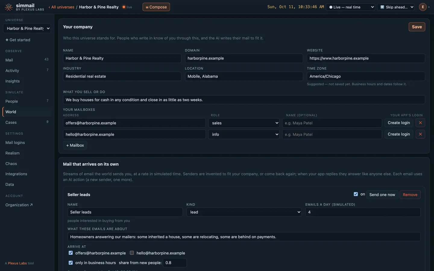 The World page: a realty company's profile and mailboxes, and a stream of seller leads arriving four a day